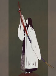  1girl absurdres anno_im bankai black_hair bleach bleach:_sennen_kessen-hen blood blood_on_ground commentary_request facing_to_the_side from_side full_body hakama haori highres holding holding_sword holding_weapon japanese_clothes long_hair long_sleeves minazuki_(bankai) parted_lips sheath shihakusho shinigami simple_background sleeves_past_wrists solo sword tabi taichou_haori unohana_retsu unsheathing waraji weapon wide_sleeves zanpakutou 