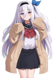  1girl black_hairband black_sailor_collar black_skirt blue_ribbon blush bow bowtie brown_cardigan cardigan commentary_request cropped_legs hair_between_eyes hair_ribbon hairband highres long_hair_between_eyes long_sleeves looking_at_viewer mahcdai one_side_up open_cardigan open_clothes open_mouth original pleated_skirt priere_(mahcdai) red_bow red_bowtie ribbon sailor_collar school_uniform serafuku shirt simple_background skirt sleeves_past_fingers sleeves_past_wrists solo violet_eyes white_background white_hair white_shirt 