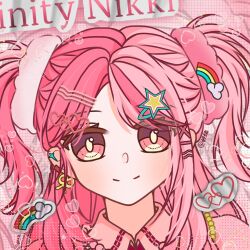  1girl brown_eyes chinese_commentary closed_mouth clouds collared_shirt commentary_request copyright_name decora dot_nose ear_piercing earrings eyelashes eyes_visible_through_hair grid_background gyaru hair_ornament hair_scrunchie hairclip heart heart_hair_ornament highres infinity_nikki jewelry light_blush light_particles long_hair looking_at_viewer necktie nikki_(nikki) nikki_(series) parallel_hairclips piercing pink_hair pink_scrunchie pink_shirt puffy_short_sleeves puffy_sleeves qi05194738 rainbow rainbow_hair_ornament red_necktie ribbon ribbon_earrings rosie_sweetheart_(infinity_nikki) scrunchie shirt short_sleeves sidelocks single_earring smile solo star_(symbol) star_hair_ornament straight-on two_side_up upper_body x_hair_ornament y2k_fashion yellow_ribbon zoom_layer 