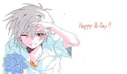  1boy bouquet chmang531 commentary_request dress_shirt grey_hair happy_birthday highres looking_at_viewer male_focus nagisa_kaworu neon_genesis_evangelion one_eye_closed red_eyes school_uniform shirt short_hair simple_background smile solo tokyo-3_middle_school_uniform upper_body white_background white_shirt 