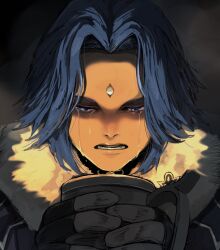  1boy blue_eyes blue_hair coat commentary_request crying crying_with_eyes_open cup final_fantasy final_fantasy_xiv fur-trimmed_coat fur_trim garlean glaa_da gloves highres holding holding_cup jullus_pyr_norbanus looking_at_object male_focus medium_hair mug open_mouth simple_background tears third_eye 
