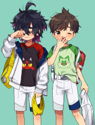  2boys backpack bag black_hair blush brown_eyes brown_hair closed_eyes commentary_request crossed_bangs florian_(pokemon) green_background green_shirt hair_between_eyes hairband highres holding holding_unworn_clothes holding_unworn_jacket jacket kieran_(pokemon) litten long_sleeves male_focus messy_hair mole mole_on_neck multicolored_hair multiple_boys one_eye_closed open_clothes open_jacket open_mouth pokemon pokemon_scarlet_and_violet purple_hair rii_(pixiv11152329) rubbing_eyes shirt shirt_partially_tucked_in short_sleeves shorts simple_background sprigatito t-shirt unworn_hairband unworn_jacket wavy_mouth white_jacket white_shorts yawning yellow_bag 