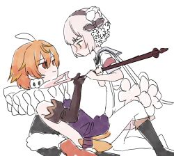  2girls absurdres commentary elbow_gloves flower frills gloves hair_flower hair_ornament hairband highres lilyac magical_girl mahou_shoujo_ikusei_keikaku mahou_shoujo_ikusei_keikaku_limited multiple_girls neck_ruff orange_hair pink_hair pukin sailor_collar school_uniform short_hair snow_white_(mahoiku) sword weapon 