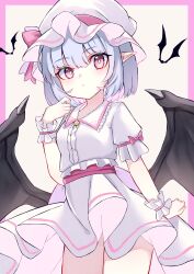  1girl absurdres ascot bat_(animal) bat_wings blue_hair border commentary_request hat hat_ribbon highres looking_at_viewer mob_cap outside_border pink_border pointy_ears red_ascot red_eyes remilia_scarlet ribbon shirt skirt skirt_set solo touhou white_hat white_shirt white_skirt wings yuyucat21 