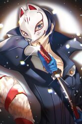  1boy blue_hair cropped_torso fox_(persona_5) fox_mask fox_tail grin highres holding holding_sword holding_weapon kitagawa_yusuke looking_at_viewer mask official_alternate_costume persona persona_5 sheath short_hair silhouette simple_background smile solo spotlight sword tail unsheathing wanderstillart weapon white_background white_mask white_tail 