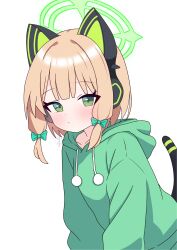  1girl absurdres animal_ear_headphones animal_ears blonde_hair blue_archive blush bow breasts cat_ear_headphones cat_ears cat_tail commentary_request fake_animal_ears fake_tail green_bow green_eyes green_halo hair_bow halo headphones highres hood hoodie looking_at_viewer midori_(blue_archive) si_kishi small_breasts tail white_background 