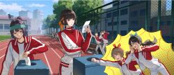  2boys 3others 4girls arai_motoha artist_request bench black_hair brown_eyes brown_hair chain-link_fence closed_eyes fence glasses hairband headband holding holding_paper jacket multiple_boys multiple_girls multiple_others noge_tomoko official_art open_mouth pants paper persona persona_5 persona_5:_the_phantom_x running_track smile tanemura_riko third-party_source track_jacket track_pants tree twintails 