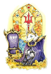  1boy 2018 2d animal_ears animal_nose anthro armor artist_name asgore_dreemurr barefoot beard blonde_hair blue_eyes blue_soul_(utdr) body_fur claire8783 cloak closed_mouth crown cup cyan_soul_(utdr) delta_rune_(symbol) delta_rune_print droopy_ears facial_hair fangs floppy_ears flower full_body furry furry_male goat goat_boy goat_ears goat_horns green_soul_(utdr) heart heart_print highres holding holding_cup holding_saucer horns king kneeling male male_focus male_only mammal monster monster_boy orange_soul_(utdr) pauldrons purple_cloak purple_soul_(utdr) red_soul_(utdr) saucer signature simple_background skin_fangs solo soul_(utdr) stained_glass teacup throne traditional_media undertale utdr_(toby_fox) watercolor_(medium) watermark white_background white_fur white_horns yellow_flower yellow_soul_(utdr) 