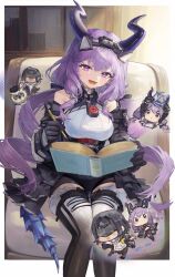  1girl absurdres andre_(arknights) arknights arknights:_endfield bare_shoulders black_gloves black_overskirt book breasts chibi commentary_request curved_horns detached_sleeves dot_nose endministrator_(arknights) female_endministrator_(arknights) framed_breasts gloves highres holding holding_book holding_pen horns indoors long_hair long_sleeves lower_teeth_only medium_breasts multicolored_thighhighs open_book open_mouth overskirt pen purple_hair purple_horns sitting sola_gratias solo tail teeth thigh-highs typhoeus_(arknights) typhon_(arknights) violet_eyes 