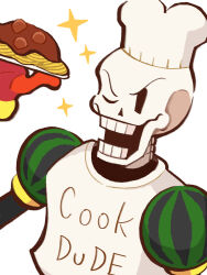  1boy 2025 2d alternate_costume chef_hat clothes_writing digital_media gloves hat highres humanoid male male_focus male_only miki_288 monster monster_boy official_alternate_costume one_eye_closed papyrus_(undertale) red_gloves simple_background skeleton solo sparkle tank_top teeth undead undertale upper_body utdr_(toby_fox) white_background white_hat white_tank_top yellow_trim 