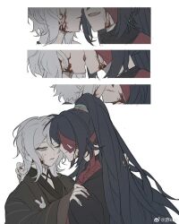  1boy 1girl black_hair black_hanfu blood blood_on_face blue_eyes chinese_clothes commentary_request faust_(project_moon) french_kiss hanfu heishou_pack-mao_branch_(identity)_(project_moon) hetero high_ponytail hong_lu_(project_moon) hongyuan_(identity)_(project_moon) kiss kon917588245825 limbus_company long_hair long_sleeves one_eye_closed ponytail project_moon short_hair upper_body very_long_hair watermark weibo_watermark white_hair wide_sleeves 