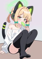  1girl absurdres animal_ear_headphones animal_ears black_shorts black_thighhighs blonde_hair blue_archive blush bow breasts cat_ear_headphones cat_ears cat_tail commentary_request eating fake_animal_ears fake_tail feet food full_body green_bow green_eyes green_halo halo headphones highres holding holding_food ice_cream_bar long_sleeves looking_at_viewer midori_(blue_archive) shirt short_shorts shorts si_kishi side_ponytail single_bare_shoulder sitting small_breasts sweat tail thigh-highs white_shirt 