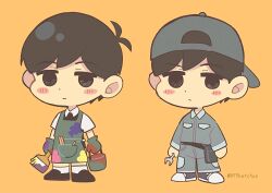  1boy antenna_hair apron baseball_cap black_eyes black_hair black_shoes blush chibi chibi_only closed_mouth commentary_request double-parted_bangs expressionless gloves green_apron green_gloves hat holding holding_wrench invisible_floor looking_at_viewer omori orange_background paint_on_clothes shirotsume_143 shoes simple_background sneakers socks solo standing sunny_(omori) twitter_username white_socks wrench 