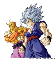  2boys abs antennae artist_name cheekbones colored_skin commentary_request copyright_notice dragon_ball dragon_ball_super dragon_ball_super_super_hero from_below frown furrowed_brow gohan_beast grey_hair grin highres looking_at_viewer male_focus multiple_boys muscular muscular_male official_art orange_piccolo orange_skin pectoral_cleavage pectorals piccolo pointy_ears red_eyes serious smile son_gohan topless_male toyotarou wristband 
