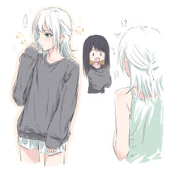  !? ... 2girls ^^^ bang_dream! bang_dream!_our_notes black_hair black_shirt blue_eyes borrowed_clothes boyfriend's_shirt brown_hair colored_inner_hair commentary cropped_legs grey_shirt half_updo highres long_sleeves mahashi_miku multicolored_hair multiple_girls shirt shorts sleeves_past_wrists spoken_ellipsis suga_raika tank_top white_hair white_shorts white_tank_top yukitake_(bullfalk) 