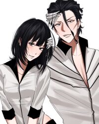  1boy 1girl absurdres askin_nakk_le_vaar black_hair bleach bleach:_sennen_kessen-hen breasts brown_eyes cheekbones commission cuxmah hair_between_eyes highres jacket light_smile medium_hair oc_x_canon original parted_lips small_breasts tooth_hair_ornament white_jacket 