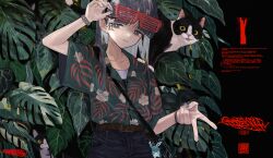  1girl absurdres animal animal_on_shoulder bag barcode belt blue_eyes blunt_bangs cat cat_on_shoulder colored_sclera commentary_request denim eyewear_on_head floral_print glaceon grey_hair grey_nails hawaiian_shirt highres holding jeans leaf long_hair looking_at_viewer multicolored_hair nail_polish original pants plant pokemon shirt shirt_tucked_in short_sleeves shutter_shades solo sunglasses tongue tongue_out v watch watch white_hair wide_sleeves yellow_sclera zhayoulu 