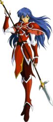  1girl armor blue_eyes blue_hair fingerless_gloves fire_emblem fire_emblem:_mystery_of_the_emblem full_body gloves highres holding holding_polearm holding_weapon koya_katsuyoshi leg_armor long_hair looking_at_viewer official_art pants polearm red_armor red_pants shoulder_armor smile solo transparent_background weapon white_gloves 