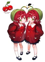  2girls 2others absurdres ahoge angry ankle_socks arm_behind_back artist_name backpack bag black_shoes black_shorts black_skirt blush burning_ahoge buro_moon buttons cherry_bomb_(plants_vs._zombies) cherry_hair_ornament child clenched_teeth commentary dated dot_nose double-parted_bangs downwards_triangle_mouth dress english_commentary eyelashes fangs flower food-themed_hair_ornament furrowed_brow green_eyes green_hat hair_flower hair_intakes hair_ornament hair_over_shoulder hair_ribbon hairclip hand_on_own_hip hat highres kneehighs looking_at_viewer low_twintails mary_janes medium_hair multiple_girls multiple_others open_mouth parallel_hairclips parted_bangs plants_vs._zombies plants_vs._zombies_2 pleated_skirt randoseru red_bag red_dress red_hair ribbon rounded_collar sentient_plant shoes short_dress short_hair short_twintails shorts siblings simple_background sisters skirt socks standing teeth triangle_mouth twins twintails upper_teeth_only v-shaped_eyes white_background white_ribbon white_socks 