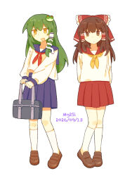  2girls alternate_costume arms_behind_back artist_name bag blue_skirt bow brown_eyes brown_hair brown_shoes collared_shirt commentary_request dated frilled_bow frills frog_hair_ornament full_body green_hair hair_bow hair_ornament hair_tubes hakurei_reimu highres holding holding_bag kneehighs kochiya_sanae loafers long_hair long_sleeves looking_at_viewer mg2si multiple_girls neckerchief open_mouth pleated_skirt red_bow red_neckerchief red_skirt school_bag shirt shoes simple_background single_hair_tube skirt smile snake_hair_ornament socks touhou white_background white_shirt white_socks yellow_eyes yellow_neckerchief 