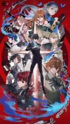  6+boys 6+girls absurdres ahoge akechi_goro amamiya_ren behind-the-head_headphones black-framed_eyewear black_cat black_gloves black_hair black_jacket black_vest blazer blonde_hair blue_butterfly blue_eyes blue_hair braid brown_eyes brown_hair bug butterfly cat chain closed_mouth crown_braid doran_(doran7280) fur-trimmed_jacket fur_trim glasses gloves green_jacket grey_hair hair_between_eyes hair_ornament hairband hat headphones highres holding jacket kitagawa_yusuke lavenza_(persona_5) long_hair long_sleeves looking_at_viewer maruki_takuto mask morgana_(cat)_(persona_5) morgana_(persona_5) multiple_boys multiple_girls niijima_makoto off_shoulder okumura_haru orange_hair pants pantyhose parted_lips persona persona_5 persona_5_the_royal pink_sweater plaid_clothes plaid_pants plaid_skirt pleated_skirt ponytail red_background red_eyes red_hair ribbon sakamoto_ryuji sakura_futaba school_uniform shirt short_hair shuujin_academy_school_uniform skirt smile sweater takamaki_ann twintails vest violet_eyes weapon white_mask white_shirt yellow_eyes yoshizawa_kasumi 