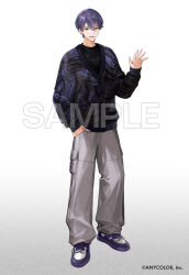 1boy black_cardigan black_shirt cardigan commentary company_name copyright_notice full_body green_eyes grey_pants hair_between_eyes hand_in_pocket hand_up kenmochi_touya long_sleeves looking_at_viewer male_focus nijisanji official_alternate_costume official_art open_hand open_mouth pants purple_hair purple_shoes sample_watermark shirt shoes short_hair simple_background smile sneakers solo standing ueauwa virtual_youtuber watermark white_background 