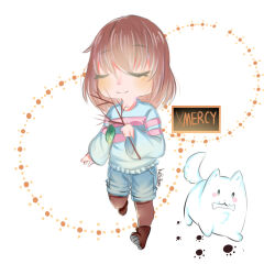  1other 2016 2d ambiguous_gender animal annoying_dog artist_name black_shoes black_shorts blue_shirt blue_shorts blue_sweater bone boots brown_boots brown_hair brown_pantyhose chibi chibi_only child commentary digital_media dog double_horizontal_stripe duo english_commentary english_text facing_viewer frisk_(undertale) full_body gameplay_mechanics hand_on_own_chest holding holding_stick horizontal-striped_clothes human leaf long_sleeves midnightps other_focus pantyhose pantyhose_under_shorts paw_print pink_stripes short_hair shorts signature simple_background smile solid_eyes stick striped_clothes striped_sweater sweater tail text two-tone_sweater undertale utdr_(toby_fox) walking white_background white_dog white_fur 