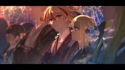  1other 2boys 2girls ahoge blonde_hair blue_eyes braid braided_ponytail brown_eyes brown_hair commentary_request dark-skinned_female dark_skin earrings enkidu_(fate) fate/strange_fake fate_(series) fireworks flower gilgamesh_(fate) glasses green_hair hair_flower hair_ornament highres japanese_clothes jewelry kimono long_hair machikokom43502 medium_hair multicolored_hair multiple_boys multiple_girls night outdoors red_eyes red_streaks richard_i_(fate) sajou_ayaka_(fate/strange_fake) short_hair side_braid single_braid smile streaked_hair tine_chelc updo yukata 