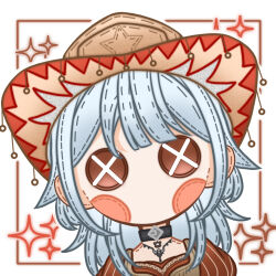  1girl adventure_ride_(infinity_nikki) anime_coloring beads belt belt_buckle belt_collar black_belt blush_stickers brown_eyes brown_hat brown_shirt brown_vest buckle button_eyes buttons character_doll chinese_commentary choppy_bangs collar commentary_request cowboy_hat cowgirl_(western) doll hat highres infinity_nikki long_hair nikki_(series) no_mouth objectification outline outside_border print_headwear puffy_short_sleeves puffy_sleeves qi05194738 shirt short_sleeves solo sparkle star_(symbol) star_print stitches straight-on two-sided_fabric two-sided_headwear upper_body vertical-striped_sleeves vest white_background white_hair white_outline 