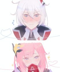  2girls absurdres blue_eyes blush coat commentary elf elysia_(honkai_impact) elysia_(miss_pink_elf)_(honkai_impact) gloves hair_ornament highres holding_hands honkai_(series) honkai_impact_3rd kiana_kaslana kiana_kaslana_(radiant_blaze) kiana_kaslana_(void_drifter) kiss kissing_hand long_hair multiple_girls pink_hair pointy_ears red_coat red_gloves simple_background string string_of_fate tanuky_yy untranslatable_commentary white_background white_hair yuri 