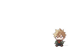  1boy bakugou_katsuki black_pants boku_no_hero_academia chibi dkyoudai gloves green_gloves hair_between_eyes hands_up invisible_floor knee_pads male_focus multicolored_gloves open_mouth orange_gloves pants short_hair simple_background solo spiky_hair standing twitter_username two-sided_gloves two-tone_gloves white_background wide_shot 