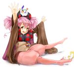  charlotte_(madoka_magica) cheese drooling face foreshortening hands houkagi_yuu kyubey licking_lips mahou_shoujo_madoka_magica outstretched_hand outstretched_leg personification pink_hair plump sitting tongue wide_sleeves yellow_eyes 