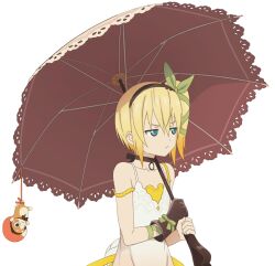  1girl annoyed arm_ribbon artist_request blonde_hair blue_eyes brown_choker brown_gloves brown_hairband choker closed_mouth collarbone commentary dress edna_(tales) from_side furrowed_brow game_asset gloves green_ribbon hair_between_eyes hair_ribbon hairband holding holding_umbrella layered_dress looking_at_viewer normin_(tales) official_art phoenix_(tales) ribbon short_hair side_ponytail simple_background single_glove sleeveless sleeveless_dress solo standing strap_slip tachi-e tales_of_(series) tales_of_zestiria third-party_source transparent_background tress_ribbon two-handed umbrella umbrella_over_shoulder upper_body v-shaped_eyebrows white_dress yellow_dress 