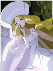  1girl :o ;o blonde_hair caitlin_(pokemon) commentary dress eyelashes gothitelle green_eyes hand_up hat highres large_hat long_hair long_sleeves mayotsunamayo musharna one_eye_closed open_mouth parted_bangs pokemon pokemon_(creature) pokemon_black_and_white reuniclus sidelocks sigilyph twitter_username white_dress white_hat yawning 