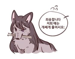 animal animal_focus animal_with_hair animalization bang_dream! bang_dream!_it's_mygo!!!!! brown_hair commentary_request cropped_torso dog drumsticks korean_commentary korean_text long_hair mole mole_under_eye mouth_hold no_humans saiaku_dan shiina_taki simple_background speech_bubble translation_request violet_eyes white_background 