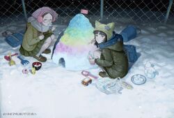  2girls bag brown_hair bucket chain-link_fence coat commentary_request earmuffs fence flag food food_coloring glasses highres holding holding_spoon hood hood_down looking_at_viewer multiple_girls night original plastic_bag plate shaved_ice shovel slice_of_life snow snow_animal snow_castle spoon squatting toy toy_car winter_clothes winter_coat wod 