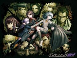  6+boys 6+girls aged_down alternate_costume blazer blue_eyes blue_hair braid brown_hair brown_shorts character_request collared_jacket danganronpa_(series) danganronpa_kirigiri glasses grey_vest holding holding_unworn_clothes holding_unworn_jacket jacket kirigiri_kyoko komatsuzaki_rui layered_sleeves licorne_(danganronpa) multiple_boys multiple_girls necktie official_art orange_necktie purple_hair red-framed_eyewear samidare_yui shorts twin_braids unworn_jacket v-neck vest 