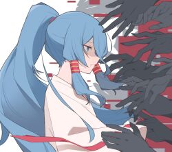  1girl blue_eyes blue_hair ch00suke commentary_request from_side hair_tubes japanese_clothes kimono long_hair long_sleeves miko miyadeguchi_mizuchi miyadeguchi_mizuchi_(human) ponytail ribbon-trimmed_sleeves ribbon_trim shaded_face surrounded_by_hands touhou upper_body white_kimono wide_sleeves 