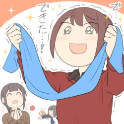  3girls :d ^_^ animal black_shirt blue_jacket blue_scarf blush brown_hair brown_sweater chinatsu_(juukyuu) clapping closed_eyes collared_shirt dog hair_bun jacket juukyuu multiple_girls open_clothes open_jacket orange_background original ponytail red_sweater ribbed_sweater sae_(juukyuu) scarf shirt smile sparkle sweater taiga_(juukyuu) throwing tomoe_(juukyuu) translation_request trembling turtleneck turtleneck_sweater two-tone_background white_background white_shirt yarn yarn_ball 