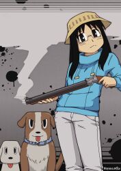  1girl absurdres aqua_jacket artist_name black_hair blue_collar bowl bowl_hat collar commentary dog english_commentary grey_background gun hat highres holding holding_gun holding_weapon jacket long_hair minakami_mai nichijou nofugo pants rifle sidelocks sniper_rifle tongue tongue_out weapon white_pants 