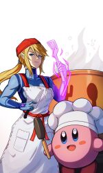  1girl 1other absurdres alex_dos_diaz apron blue_bodysuit blue_eyes bodysuit cauldron chef_hat colored_skin frying_pan glowing_arm hat highres holding holding_frying_pan holding_knife holding_spatula kirby kirby_(series) kitchen_knife knife long_hair metroid metroid_ravenous pink_skin ponytail samus_aran smile spatula white_apron white_background zero_suit 