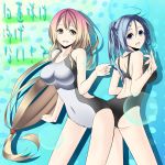  2girls ass ass-to-ass blue_eyes blue_hair breasts competition_swimsuit gradient_hair hair_ornament hairclip highres hijiri_byakuren kumoi_ichirin large_breasts long_hair multicolored_hair multiple_girls one-piece_swimsuit shinoi short_hair smile swimsuit touhou two-tone_hair yellow_eyes 