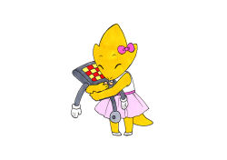  1girl 2019 2d aged_down alphys animal_nose anthro bow buck_teeth character_doll child colored_skin commentary con-cognito dinosaur dinosaur_girl doll english_commentary female female_only full_body hair_bow holding holding_doll lizard lizard_girl lizard_tail mettaton mettaton_(box) monster monster_girl pink_bow pink_skirt reptile reptile_girl reptile_tail scalie shoes simple_background skirt sleeveless sleeveless_shirt solo standing tail teeth traditional_media undertale utdr_(toby_fox) white_background white_shoes yellow_skin 