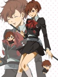 1girl black_jacket black_skirt blush brown_hair chibi closed_eyes commentary_request gekkoukan_high_school_uniform highres jacket looking_at_viewer multiple_views myumi3mi open_mouth persona persona_3 persona_3_portable ponytail red_eyes school_uniform shiomi_kotone skirt smile solo 