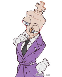  1boy alternate_costume artist_name black_necktie blue_eyes chess_piece coat collared_shirt commentary_request gloves half-closed_eyes hand_on_own_chin hand_on_own_hip hand_up highres king_(chess) kinger_(the_amazing_digital_circus) korean_commentary lapels male_focus monocle necktie notched_lapels oyaji_1201 purple_coat rayman_limbs shirt simple_background solo the_amazing_digital_circus twitter_username white_background white_gloves white_shirt 