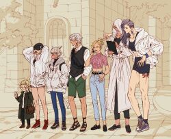  adjusting_eyewear animal_ears archon_mark asymmetrical_hair bbthou black_vest blonde_hair blowing_bubble_gum blue_eyes braid cat_ears cat_girl cat_tail chewing_gum choker coat commentary_request crop_top dark-skinned_female dark_skin elezen elf facial_mark final_fantasy final_fantasy_xiv full_body grey_hair highres holding hood hyur jacket korean_commentary lalafell loafers long_hair looking_at_another looking_at_object mask minfilia_warde miqo'te moenbryda_wilfsunnwyn multiple_boys multiple_girls neck_tattoo open_mouth pants papalymo_totolymo pink_shirt pointy_ears ponytail roegadyn sandals shirt shoes short_hair shorts sidecut smile sneakers standing tail talking_on_phone tattoo thancred_waters undercut urianger_augurelt vest whisker_markings white_choker white_hair white_jacket y'shtola_rhul yawning yda_hext 