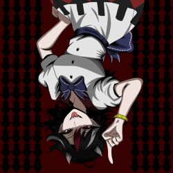 1girl absurdres arm_up arrow_(symbol) arrow_background black_dress black_hair blue_bow bow bracelet breasts buttons collar collared_dress commentary contrapposto cowboy_shot dress english_commentary evil_grin evil_smile gold_bracelet grey_horns grin hand_on_own_hip highres horns jewelry kijin_seija kinoshii-shroom looking_at_viewer medium_breasts medium_hair multicolored_dress multicolored_hair open_mouth pointing pointing_up puffy_short_sleeves puffy_sleeves red_background red_collar red_dress red_eyes red_streaks sash shaded_face sharp_teeth short_sleeves small_horns smile solo streaked_hair teeth tongue tongue_out touhou upside-down waist_bow waist_sash white_dress white_hair white_streaks 