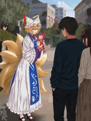  ! 1boy 3girls ? absurdres animal_ear_fluff animal_ear_piercing animal_ears animal_hat artist_name black_hair black_pants black_shoes blonde_hair blue_shirt blue_tabard brown_eyes brown_hair brown_skirt bush cat_ears cat_girl character_name chen closed_mouth commentary_request contemporary dot_nose dress fox_girl fox_tail full_body gloom_(expression) green_hat hat highres holding holding_paper ink_black kitsune kyuubi long_hair long_sleeves mary_janes missing_poster multiple_girls multiple_tails open_mouth pants paper pom_pom_(clothes) shirt shoes short_hair skirt socks spanish_commentary tabard tail touhou white_dress white_hat white_shirt white_socks white_trim wide_sleeves worried yakumo_ran yellow_eyes 