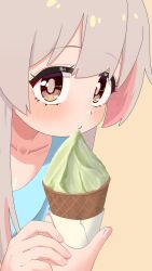 1girl animated animated_png blue_shirt brown_eyes collarbone colored_inner_hair eating gelato grey_hair happyundergate highres ice_cream_cone licking_lips light_blush long_hair looking_at_viewer multicolored_hair onii-chan_wa_oshimai! open_mouth oyama_mahiro pink_hair pov pov_hands shirt simple_background smile solo_focus tongue tongue_out two-tone_hair yellow_background