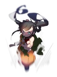  1girl anpolly aqua_eyes bare_arms black_hair blurry boots closed_mouth commentary_request crop_top floating_hair full_body long_hair looking_at_viewer monk_(sekaiju) monk_2_(sekaiju) orange_pants outstretched_arm pants puffy_pants sekaiju_no_meikyuu sekaiju_no_meikyuu_3 shaded_face simple_background solo white_background 